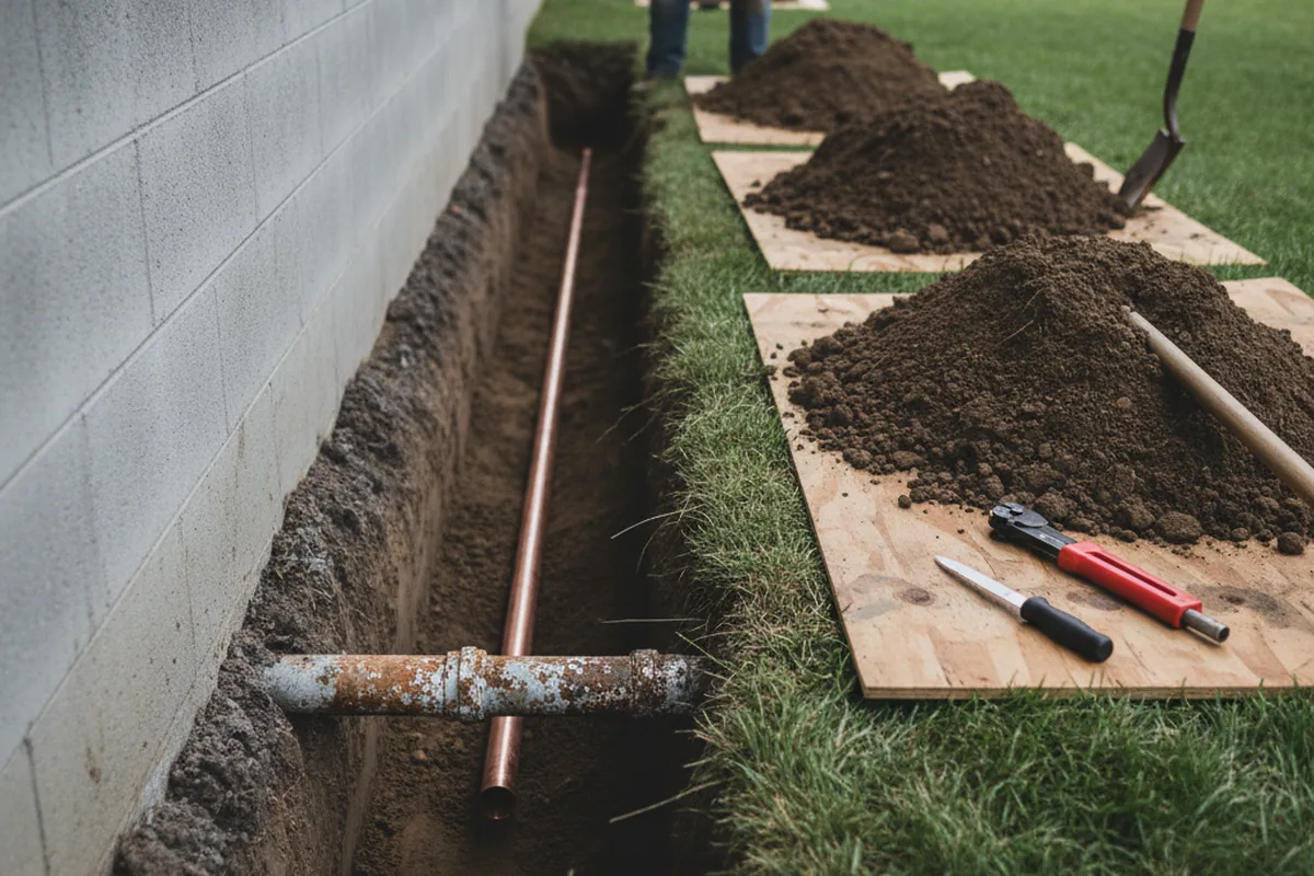 Excavated water line trench during Water Softener Installation in Independence